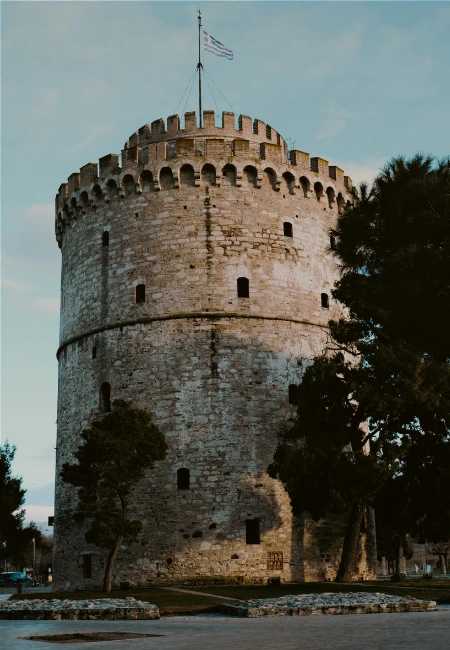 The White Tower of Thessaloniki, a historic landmark and museum on the waterfront in Greece.